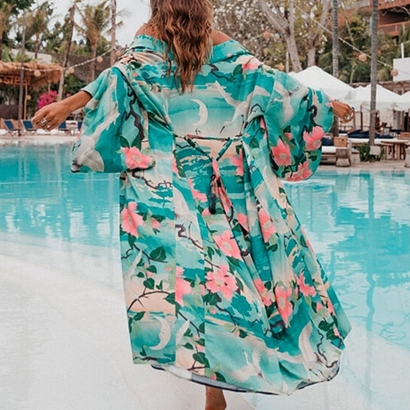 Teal Peacock Boho Floral Print Short Robe